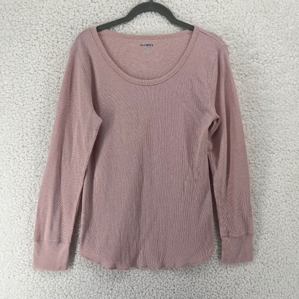 Old Navy Womens M Pink Waffle Knit Thermal Long Sleeve Scoop Neck Top Abalone